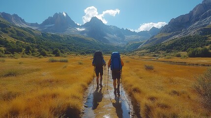 Fototapeta premium Hikers trekking through the mountains with backpacks in a scenic setting