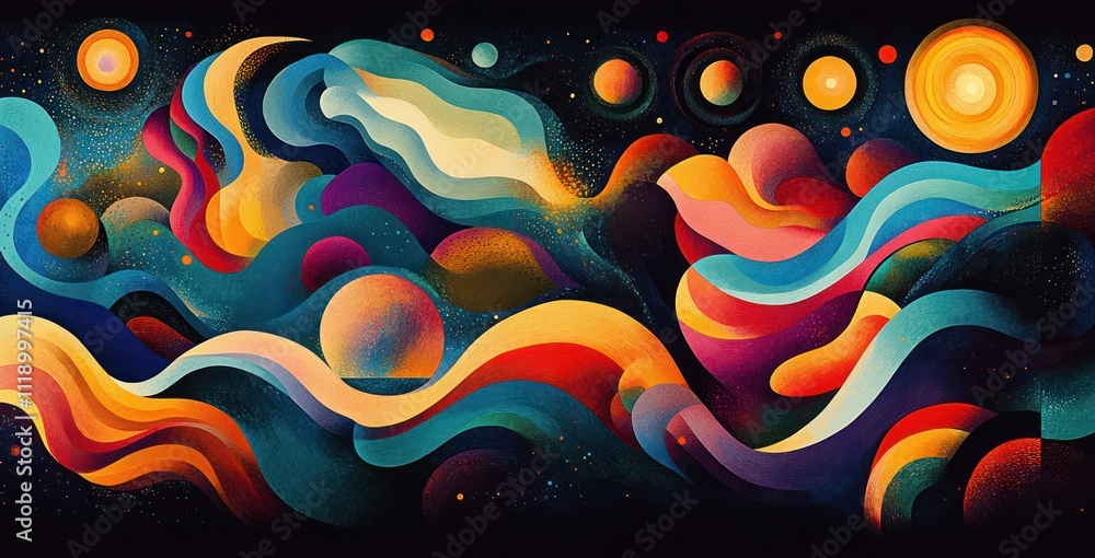 Poster colorful abstract space art retro galaxy design with vibrant patterns and cosmic elements for creati