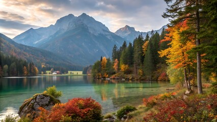 Obraz premium Panoramic view on Federa Lake and Croda da Lago mountains in Autumn time. Bright orange larches glowing by sunrise light. Lago di Federa, Dolomite, GENERATIVE AI