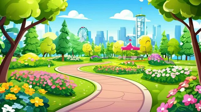 Cartoon Park with Path and Blooming Flowers