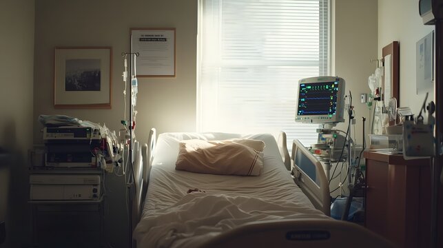 Hospital bed in ward, where life's fragility meets compassionate care, symbolizing hope and healing in a nurturing environment.