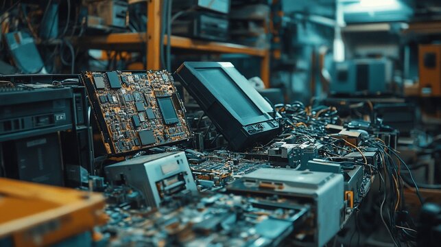 Pile of discarded electronics, circuit boards, and computer parts in a recycling center or repair shop.