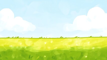 Watercolor Painting of a Green Field with a Blue Sky and White Clouds