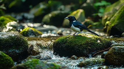 Magpie on Mossy Rock by Stream in Taiwan