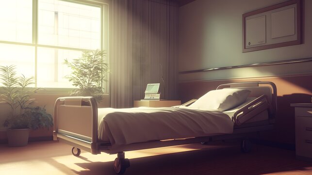 Hospital bed in ward, where life's fragility meets compassionate care, symbolizing hope and healing in a nurturing environment.