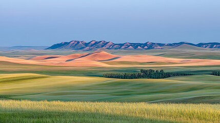 Fototapeta premium Rolling Hills and Distant Mountains in a Rural Landscape