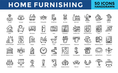 Home Furnishing icons set with pet bed, pet bowl, kitchen island, dining table, dining chair, bar stool, wine rack, cutlery, cookware, blender icon. Simple handdrawn vector 
