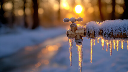  frozen water pipe and ice-covered faucet, symbolizing the harshness of winter and the challenges it brings to everyday life. The image conveys the power of cold weather and its impact on home mainten