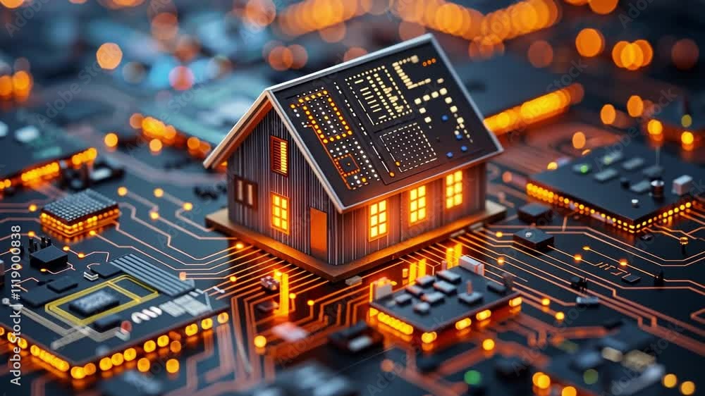 Leinwandbilder A futuristic representation of a smart home sits atop a digital circuit board, illuminating with warm light against a backdrop of intricate electronic patterns, showcasing innovation in real estate.