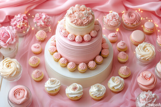 A beautiful pink dessert table featuring tiered cake and cupcakes, perfect for celebrations