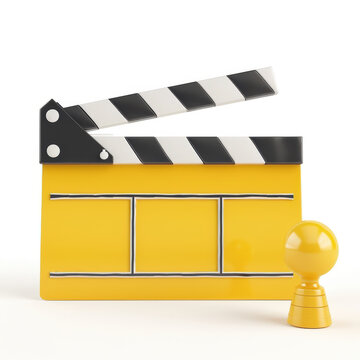 Bright Yellow Film Clapboard with Black Striped Lid and Round Yellow Marker on White Background for Movie and Production Concepts