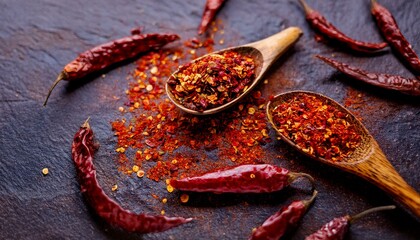 Dried red chili peppers and flakes in wooden spoons.
