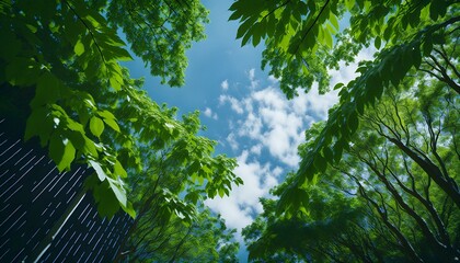 Looking up at lush green trees against a bright blue sky. A tranquil summer scene.