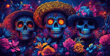 Mexican cultural symbols like skulls and traditional clothing are rendered in vibrant neon colors and arranged in a circle