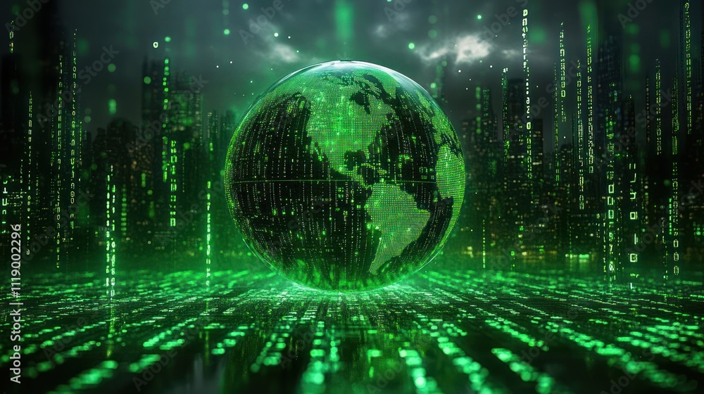 Aufkleber Futuristic Digital Globe with Cascading Binary Code and Green Light Reflecting Global Connectivity