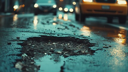 angled view of a large pothole on a busy urban road