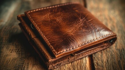 Brown leather wallet on rustic wooden surface.