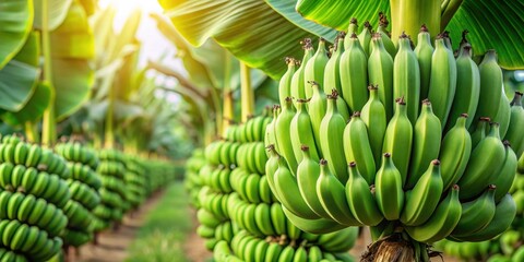 Green tropical banana fruits close-up on lush banana plantation, bananas, tropical, fruit, plantation, agriculture, green, close-up