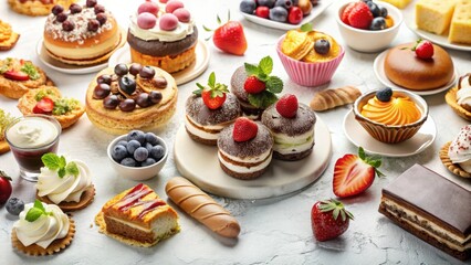 Assorted different desserts on a white background, cake, cupcakes, cookies, brownies, macarons, tarts, puddings, pastries