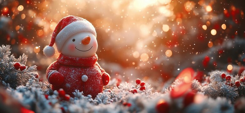 Santa Claus with a Red Banner Delivering Christmas Gifts in the Snow with Merry Christmas Calligraphic Lettering