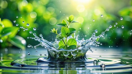 Water splash with green plants and drops in a refreshing and vibrant display, water, splash, green, plants, drops