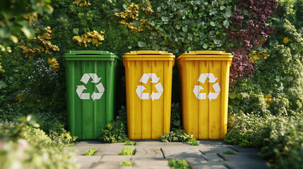 Many recycle bins in green living concept 