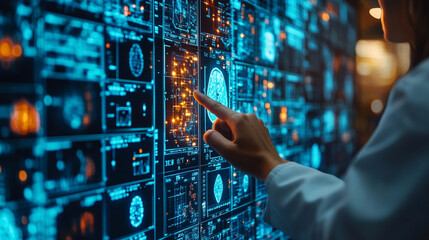 hand pointing at a blurred healthcare medical icon, symbolizing the focus on health, medical care, and wellness. It conveys the idea of pointing toward future medical advancements or guidance