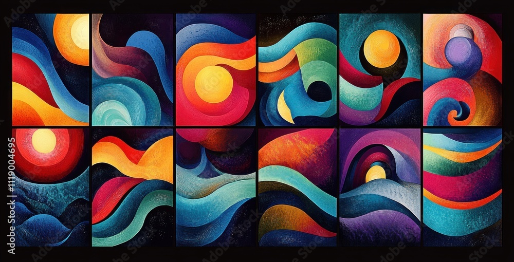 Poster Colorful Abstract Space Art with Swirling Patterns, Dynamic Galaxy Backgrounds and Retro Psychedelic Elements