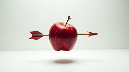 Red apple pierced by arrow in mid-air symbolizing love and Valentine's Day