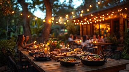 Fototapeta premium Outdoor patio scene with people eating food during a summer party, creating a lively atmosphere
