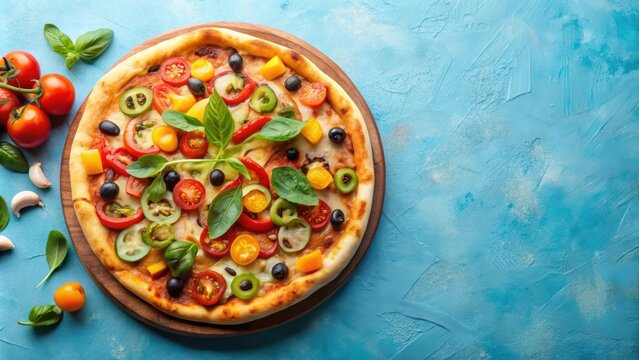 Fresh vegetarian pizza with colorful toppings on a light blue background, vegetarian, pizza, fresh, colorful, healthy