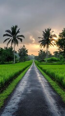 Scenic sunset over tranquil rice paddy road.