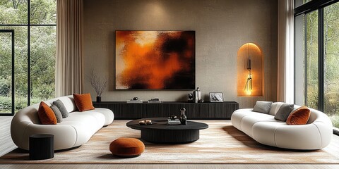 Modern minimalist living room design with curved white sofas and abstract orange painting