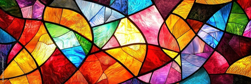 Poster colorful abstract stained glass window with vibrant patterns and textures illuminated by light. arti