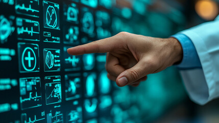 Fototapeta premium hand pointing at a blurred healthcare medical icon, symbolizing the focus on health, medical care, and wellness. It conveys the idea of pointing toward future medical advancements or guidance