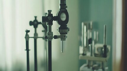 Advanced eye examination equipment setup in modern clinic. Precision tools for comprehensive vision assessment and diagnostics.