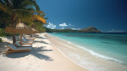 Naklejka premium Palm trees, sunbeds, and a straw umbrella adorn a tropical beach’s white sand