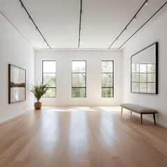 Fototapeta premium Modern art gallery interior with hardwood floors and large windows