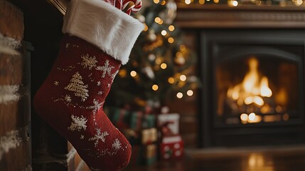 Christmas stockings hang by the fireplace, filled with festive gifts