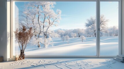 e a cozy winter scene with a bright white snow-covered landscape viewed through a large window