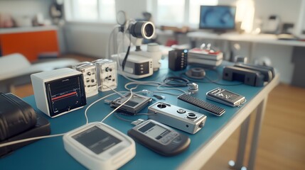 Advanced eye examination equipment setup in modern clinic. Precision tools for comprehensive vision assessment and diagnostics.