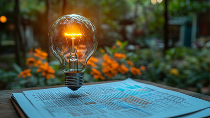 A glowing light bulb symbolizes creativity and innovation, floating above a blurred business background. The image conveys ideas, inspiration, and problem-solving in a professional context