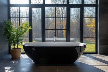 Fototapeta premium Modern minimalist hotel bathroom with freestanding bathtub and shower partition