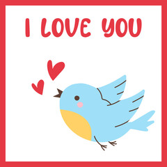 Romantic Valentine’s Day Card. Valentine’s Day Card. Cute bird and hearts. For Flyers, Sales, and Promotions. Trendy vector illustration