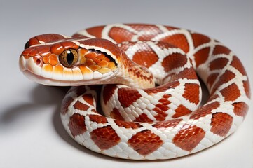 Obraz premium Close-up of a small, reddish-orange snake with white markings coiled on a white background. Its head is slightly raised, and its eyes are visible. The snake's skin is smooth and patterned.