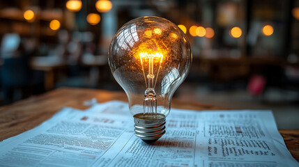 A glowing light bulb symbolizes creativity and innovation, floating above a blurred business background. The image conveys ideas, inspiration, and problem-solving in a professional context