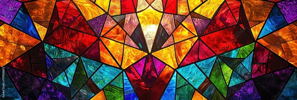 Poster colorful stained glass window with vibrant geometric patterns, creating a beautiful interplay of lig