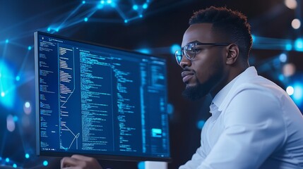 Focused Programmer Analyzing Data on Computer Monitor with Code