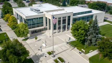 Courthouse building exterior with classical architecture, symbolizing justice and order in society. Timeless design reflecting the importance of legal systems and civic responsibility.