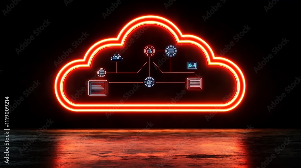 Poster glowing neon cloud computing network icon.